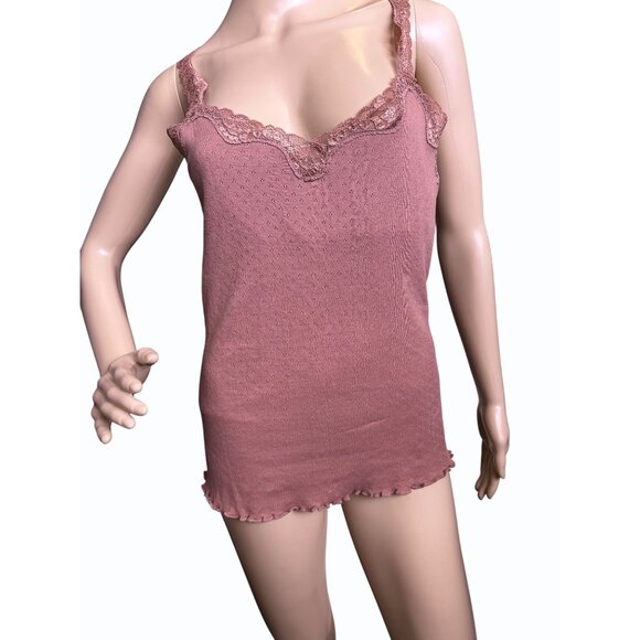 Moda International Pink Lace-Trimmed Camisole Top Medium 100% Cotton Coquette - Picture 2 of 15